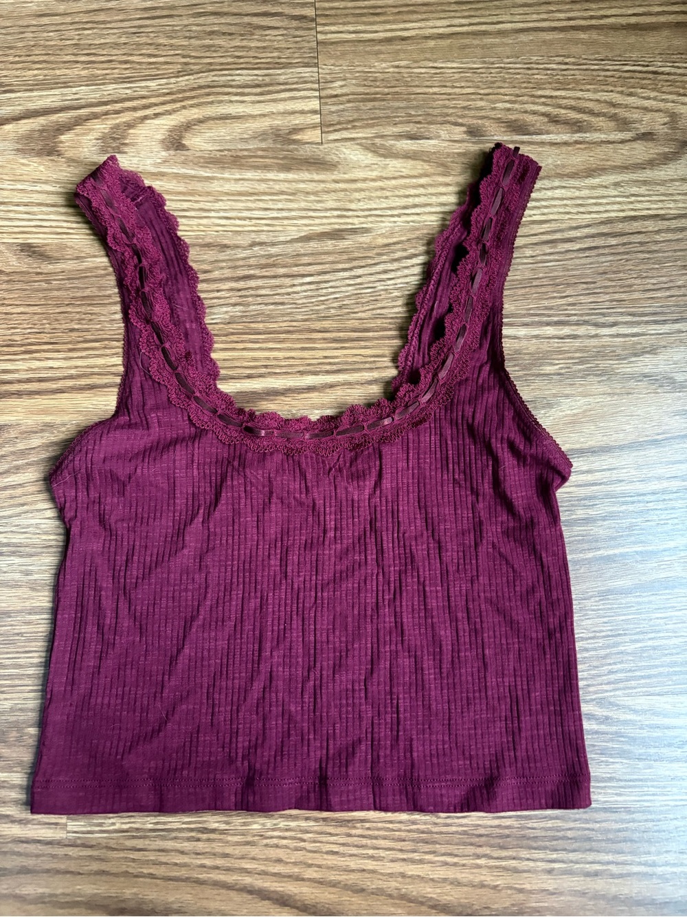 aerie Ribbed Lace-Trim Tank Top - Maroon